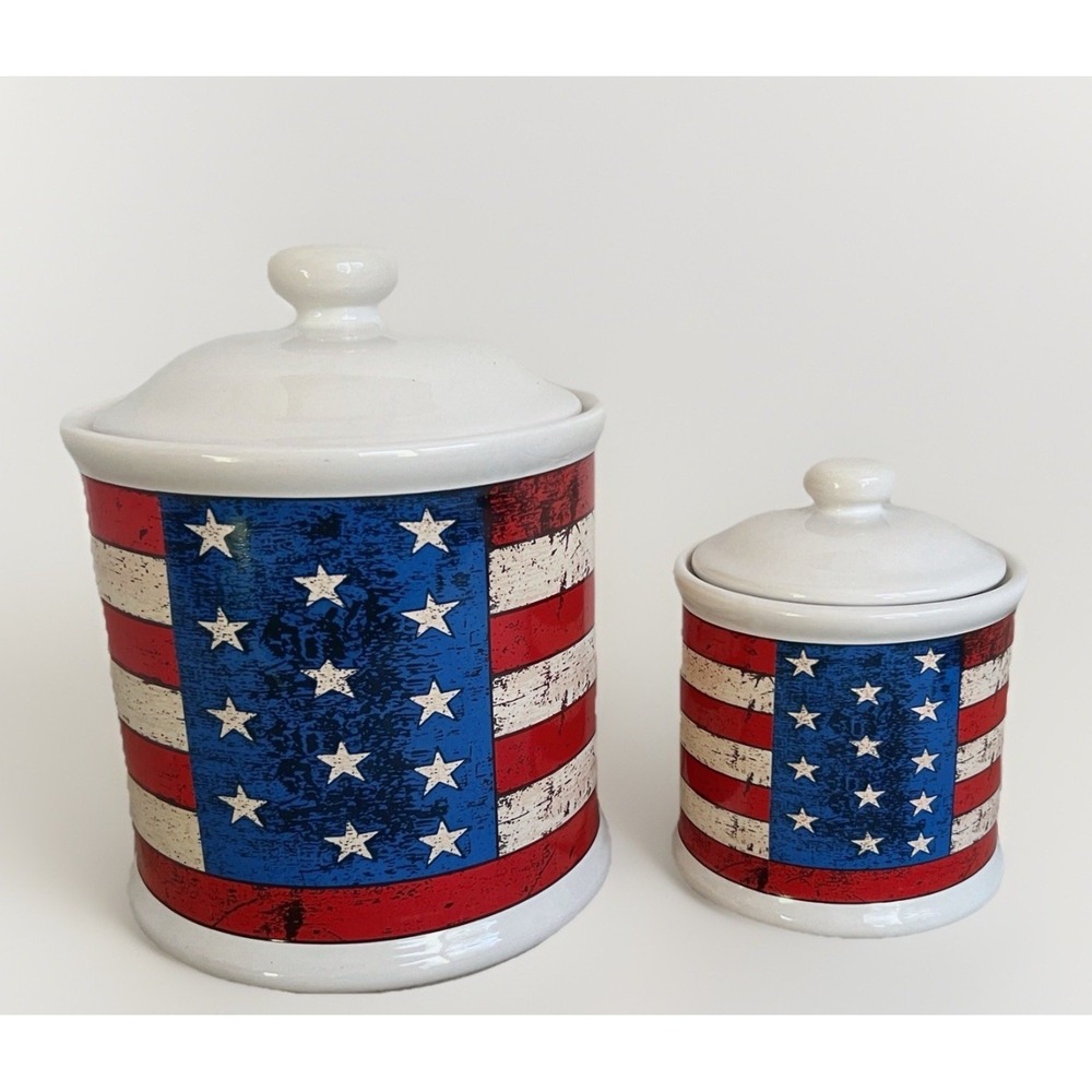 1997 Warren Kimble Colonial Americana Patriotic Flag Ceramic Canister Set (2)